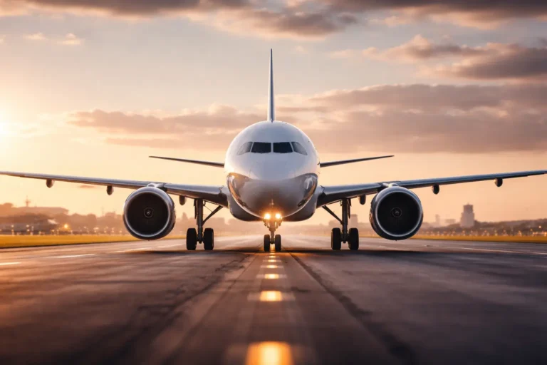 Commercial airplane on runway during sunset, representing air travel and airline rules for carrying liquids like perfume in carry-on luggage