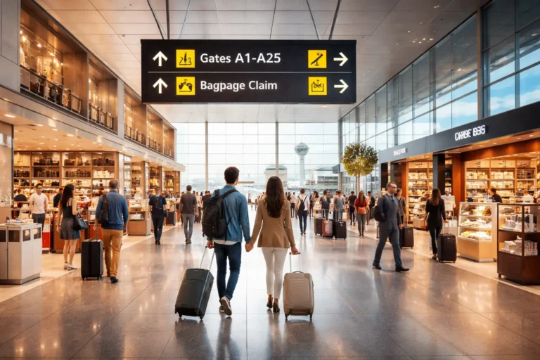 busy airport terminal with duty free shops and travelers walking with luggage under large departure signs