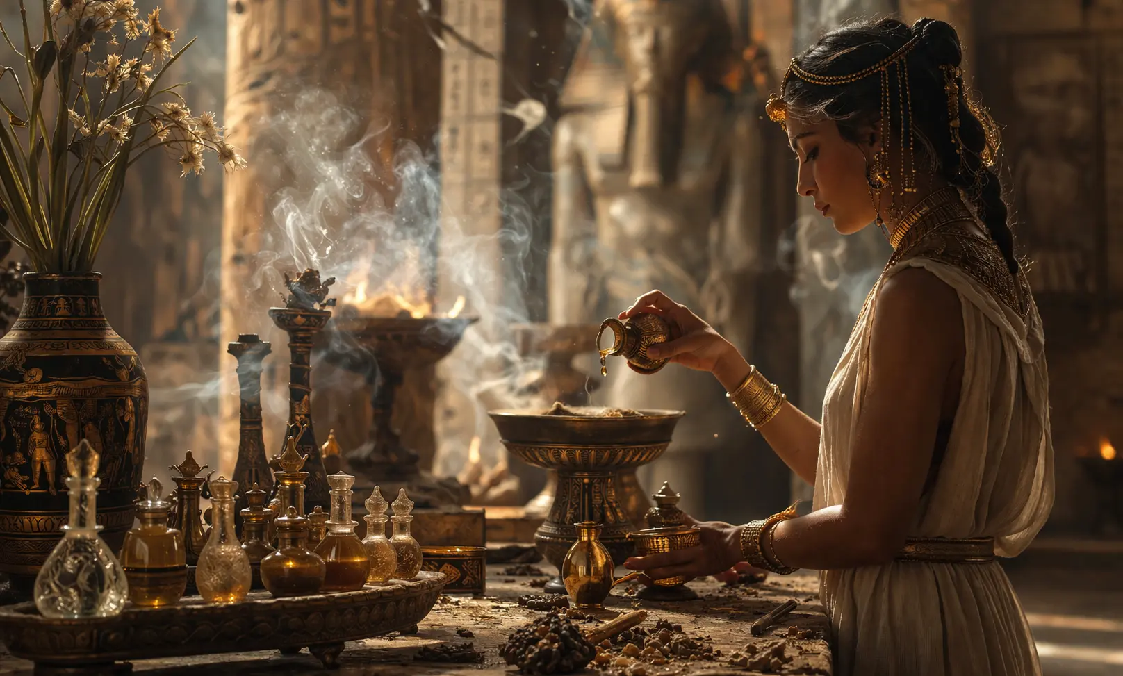 Ancient ritual scene with incense smoke and aromatic oils inside a temple, representing the use of perfume in spiritual ceremonies