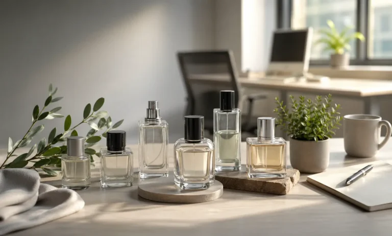 A collection of subtle, clean perfumes arranged on a minimalist desk, representing office-safe fragrances that stay close to the skin without overwhelming others