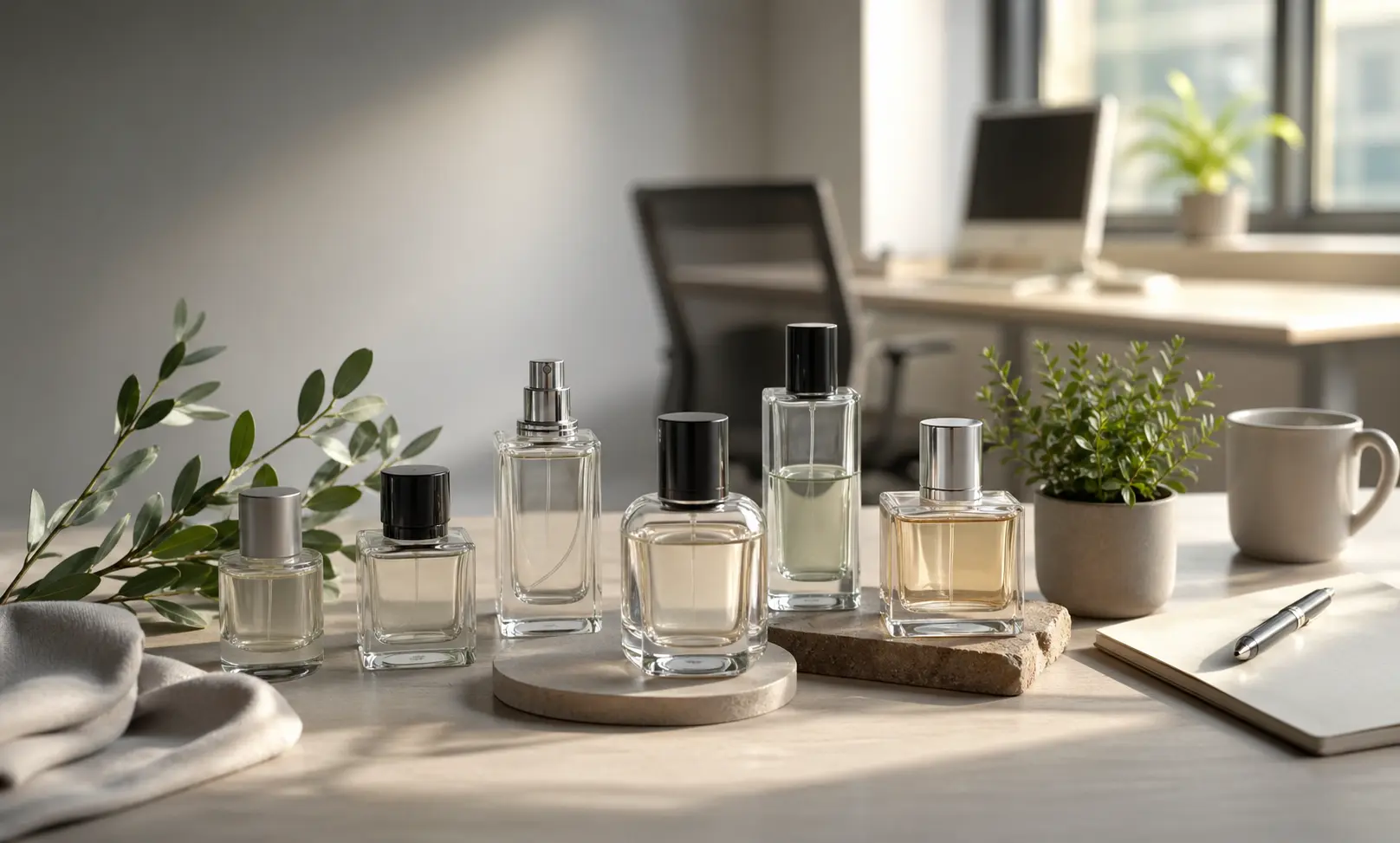 A collection of subtle, clean perfumes arranged on a minimalist desk, representing office-safe fragrances that stay close to the skin without overwhelming others