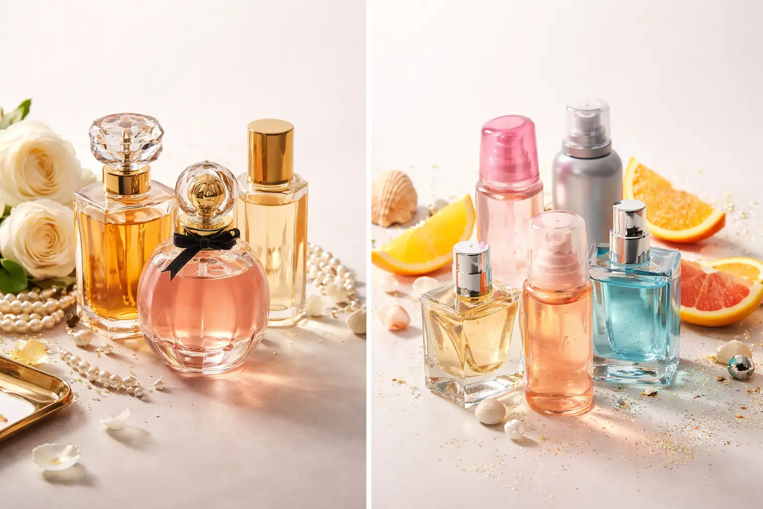 Side-by-side visual contrast between high-end perfume bottles and subtle cues of synthetic simplicity, illustrating why some expensive fragrances can feel cheap in scent perception