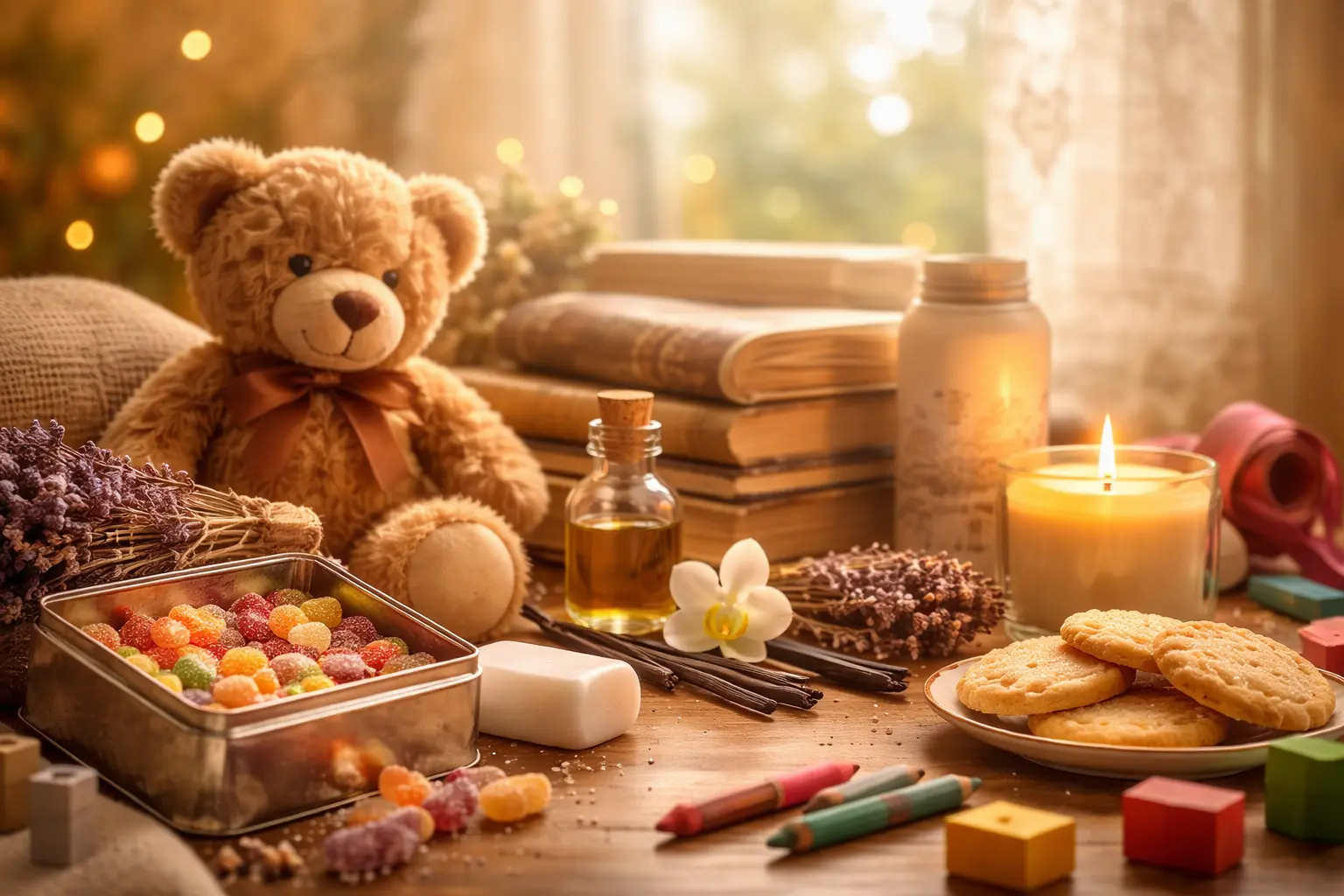 childhood scent memory scene with vanilla, teddy bear, cookies and warm nostalgic atmosphere representing how smells trigger memories