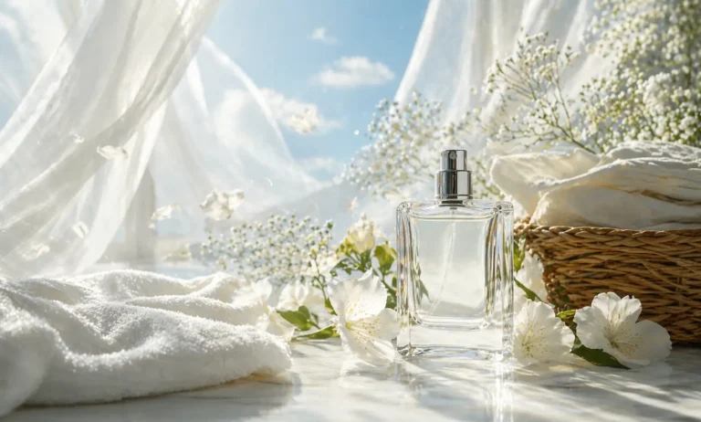 A soft, airy perfume scene representing how some smells feel clean, with light diffusion and a fresh, minimal atmosphere