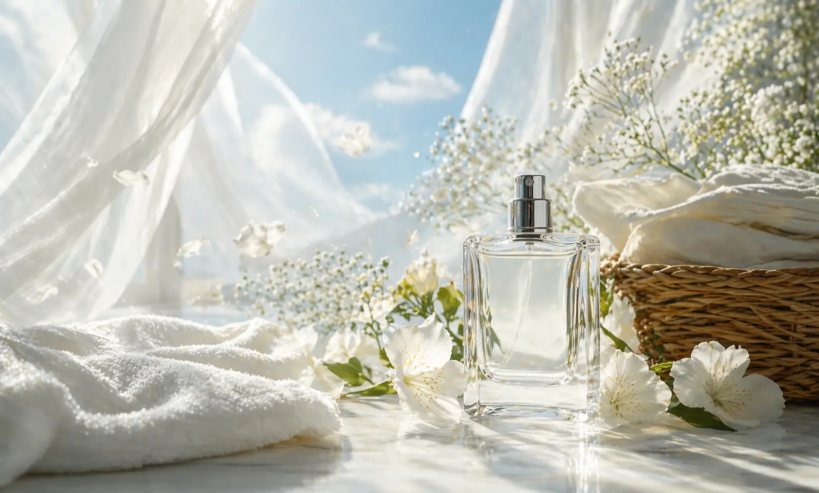 A soft, airy perfume scene representing how some smells feel clean, with light diffusion and a fresh, minimal atmosphere