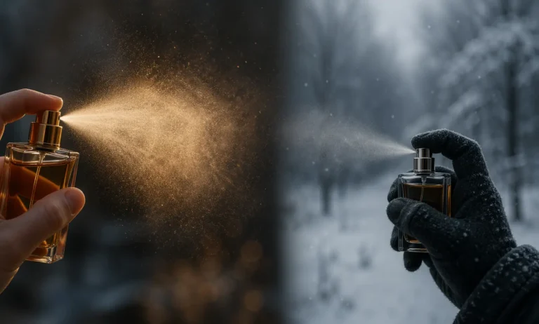 Perfume projection comparison in cold weather vs warm conditions showing how winter air reduces fragrance diffusion and scent spread