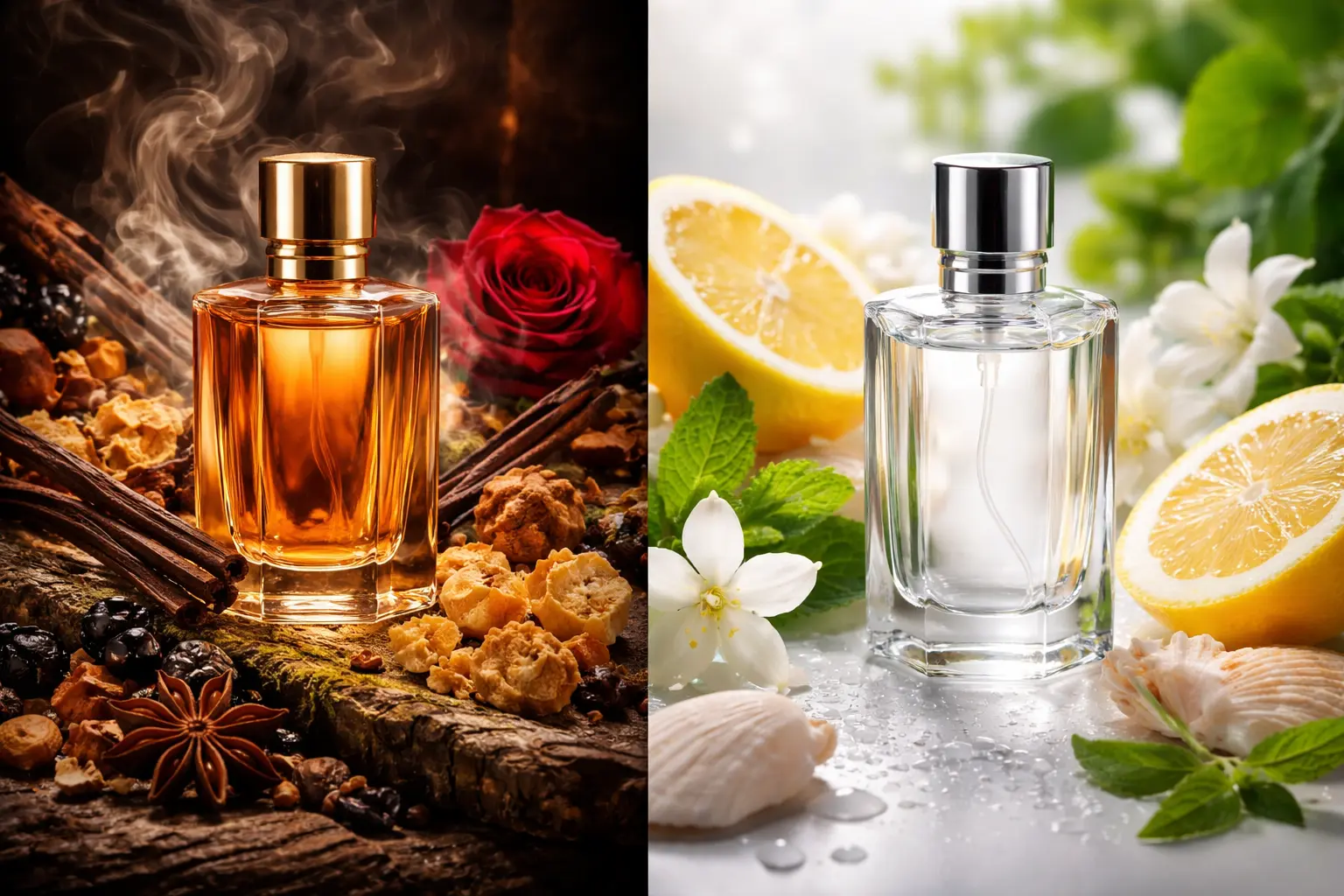 Split composition showing a complex perfume with rich notes like oud, spices, and rose on one side, contrasted with a simple fresh perfume featuring citrus, mint, and clean elements on the other, illustrating the difference between complex and simple fragrances.
