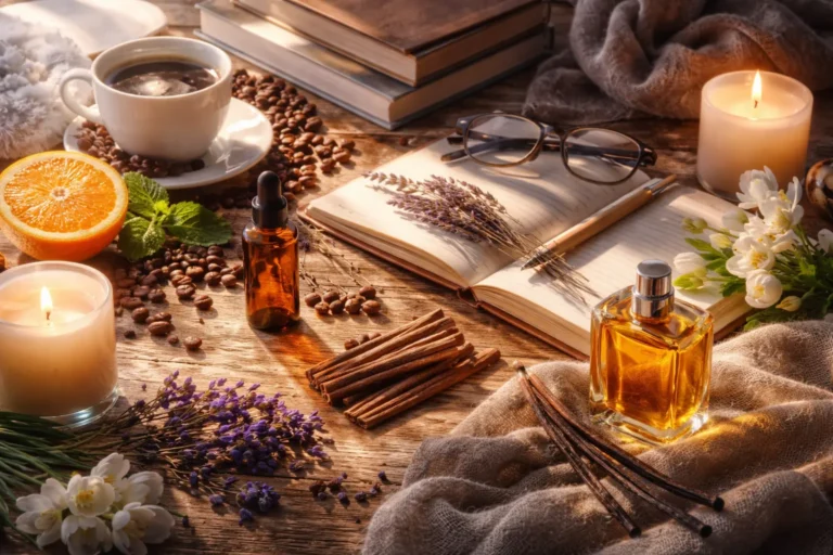 A surreal visual representation of a day expressed through scents, showing shifting atmospheric colors from fresh morning citrus to warm evening tones without any visible text