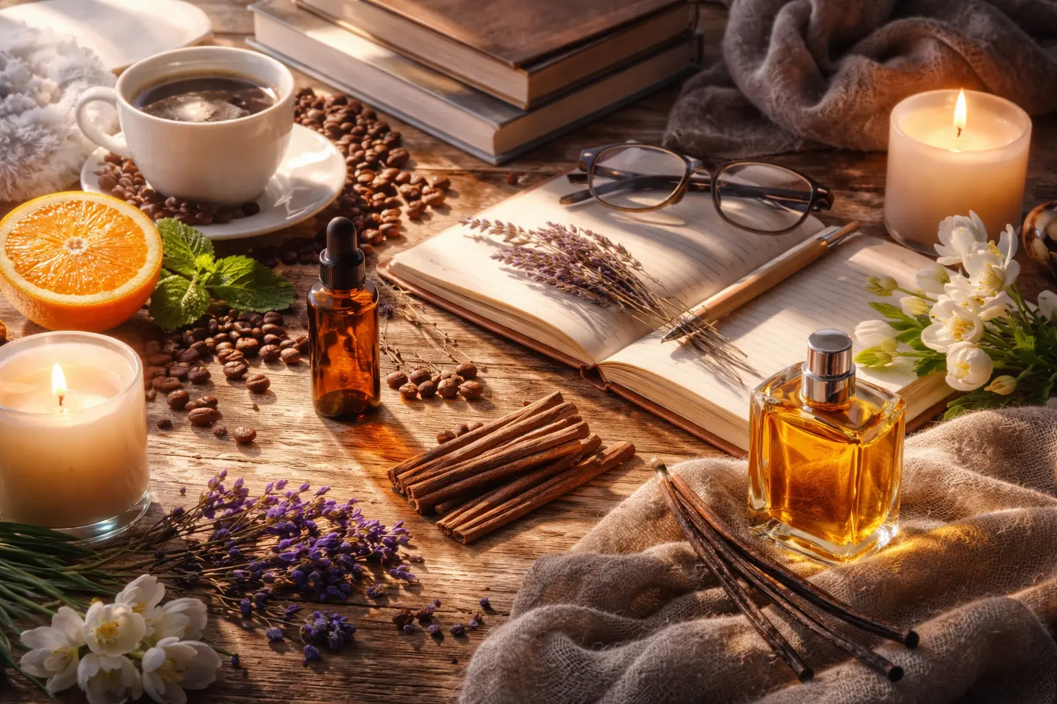 A surreal visual representation of a day expressed through scents, showing shifting atmospheric colors from fresh morning citrus to warm evening tones without any visible text