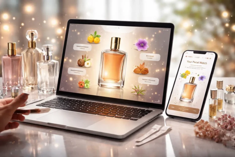 AI-powered digital perfume sampling experience with laptop interface, fragrance notes visualization, and mobile scent recommendation system
