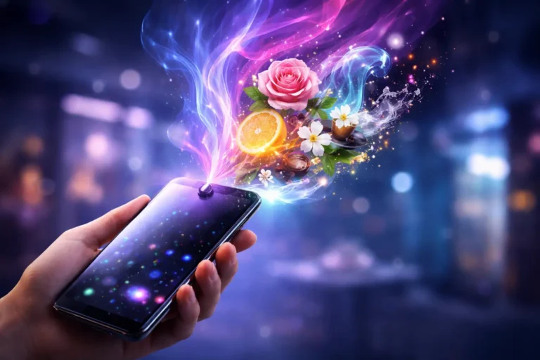 Futuristic digital scent technology device emitting colorful aroma waves representing the concept of smelling through screens