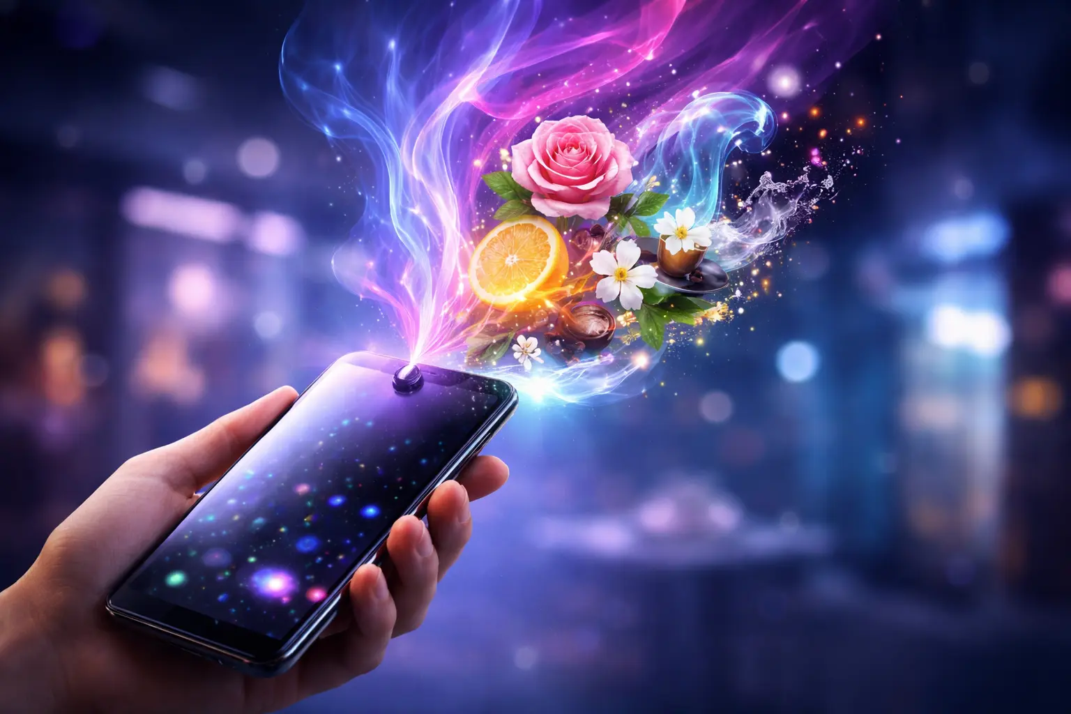 Futuristic digital scent technology device emitting colorful aroma waves representing the concept of smelling through screens