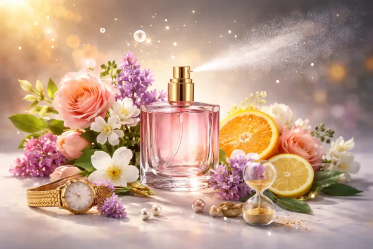 Perfume bottle with floral and citrus elements representing how fragrance evolves and smells better over time on skin