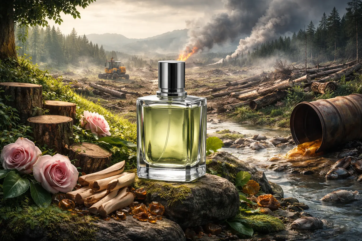 environmental impact of perfume industry with deforestation pollution and natural ingredients used in fragrance production