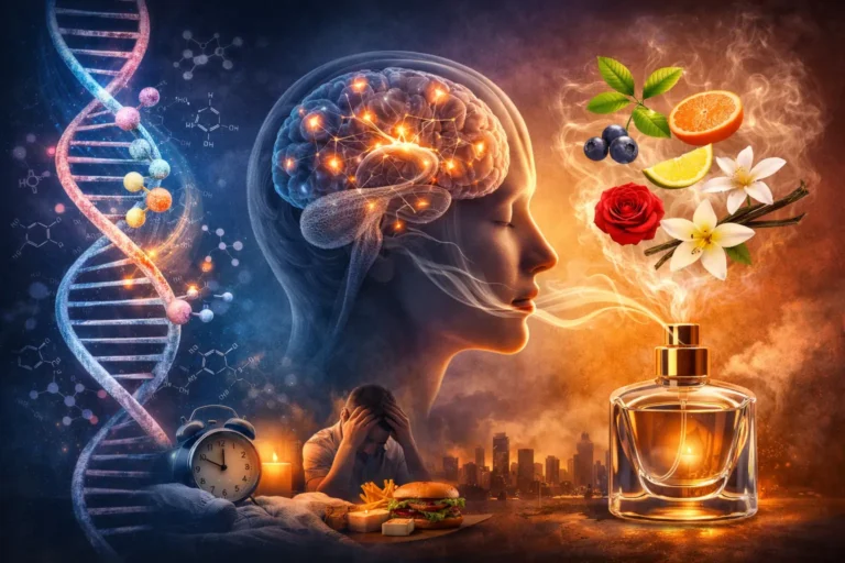 Epigenetics and scent concept showing how lifestyle factors like stress, diet, and environment influence perfume perception and brain response