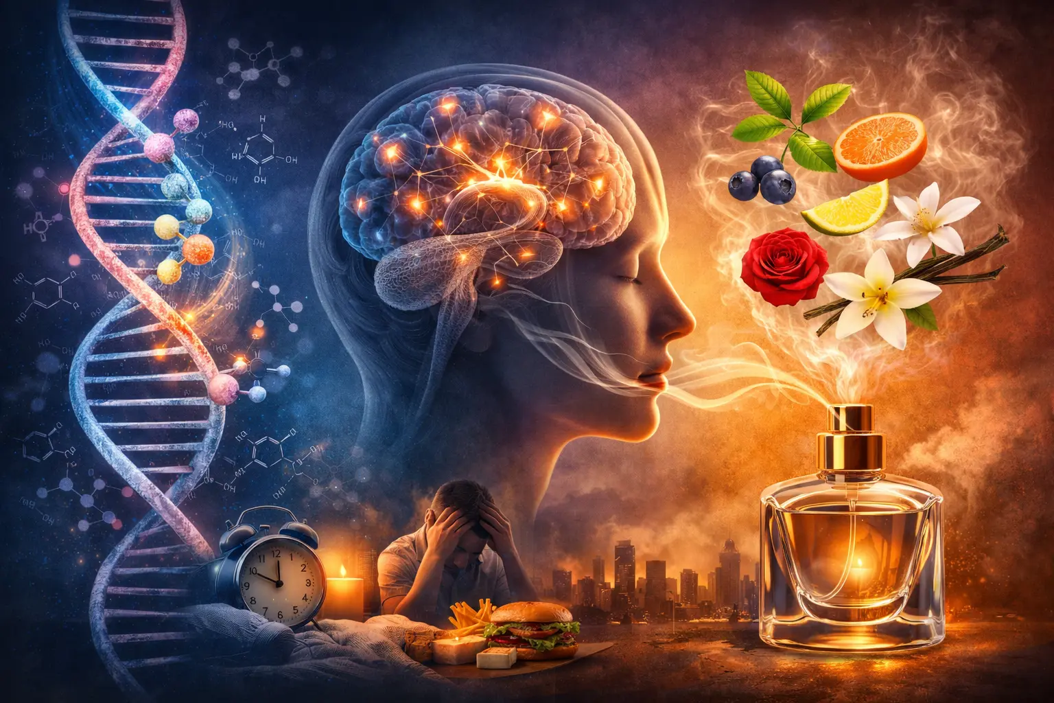 Epigenetics and scent concept showing how lifestyle factors like stress, diet, and environment influence perfume perception and brain response