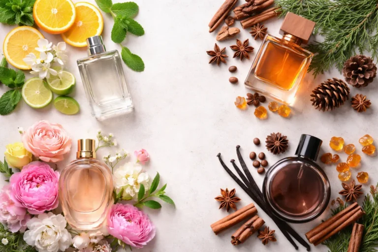Flat lay of different fragrance types with citrus, floral, woody, and sweet elements representing personality traits and scent preferences