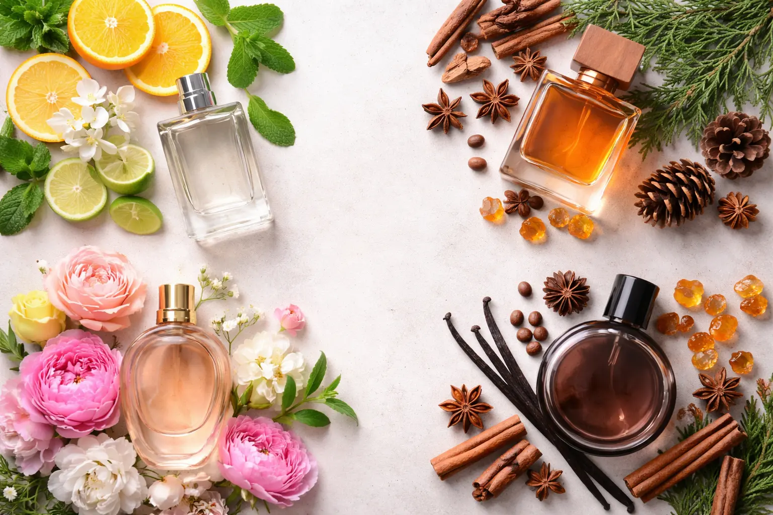 Flat lay of different fragrance types with citrus, floral, woody, and sweet elements representing personality traits and scent preferences