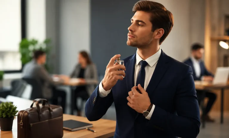 Professional man applying a subtle fragrance in an office environment, ideal perfume choice for first day of work