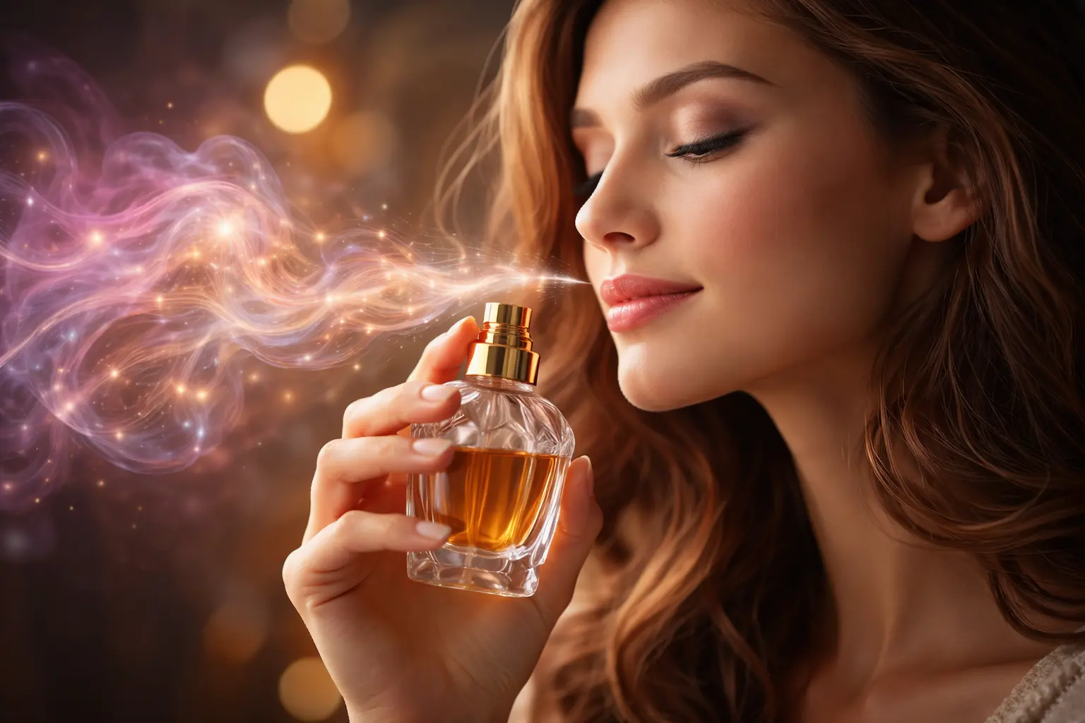 Close-up of a woman smelling perfume for the first time, capturing the initial fragrance reaction and first impression experience with soft glowing scent vapor