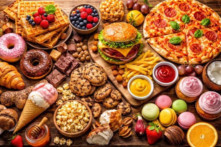 A variety of sweet and savory foods including desserts, fruits, and fast food representing gourmand scent inspiration in perfumes