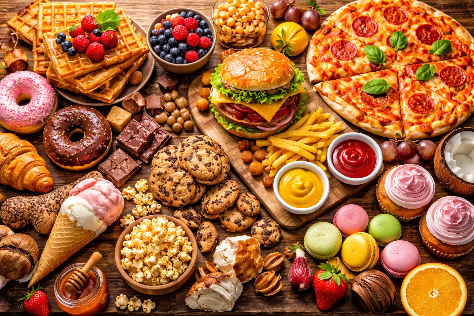 A variety of sweet and savory foods including desserts, fruits, and fast food representing gourmand scent inspiration in perfumes