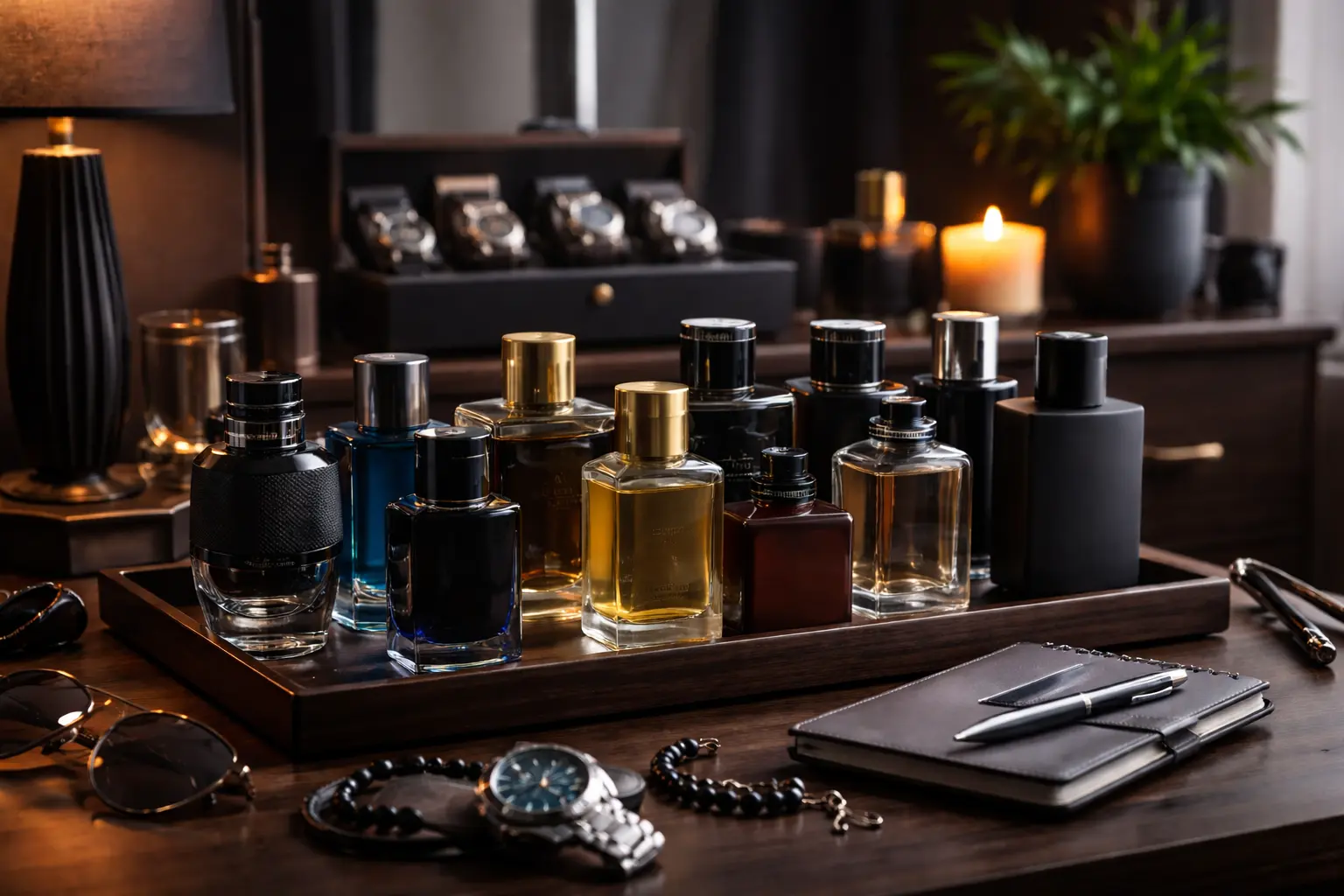 man fragrance wardrobe concept multiple perfumes lifestyle arrangement fresh woody warm masculine scent collection