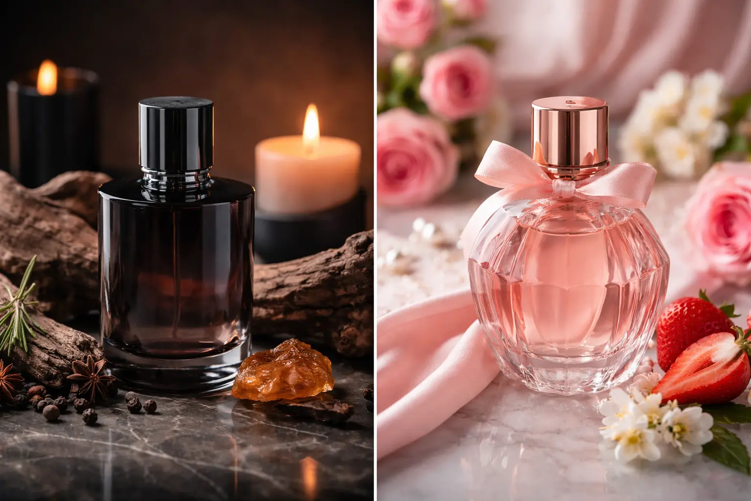 contrast between masculine and feminine perfumes showing traditional gendered fragrance styles with dark woody elements and soft floral notes