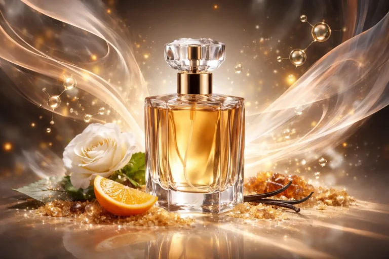 High-end perfume bottle with soft glowing light and layered abstract scent waves, representing smoothness, depth, and high-quality fragrance composition