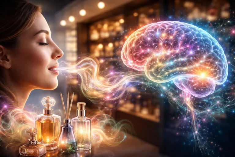A woman experiencing fragrance while colorful scent waves connect to a glowing brain, illustrating how scent influences emotions and consumer behavior in a retail environment.