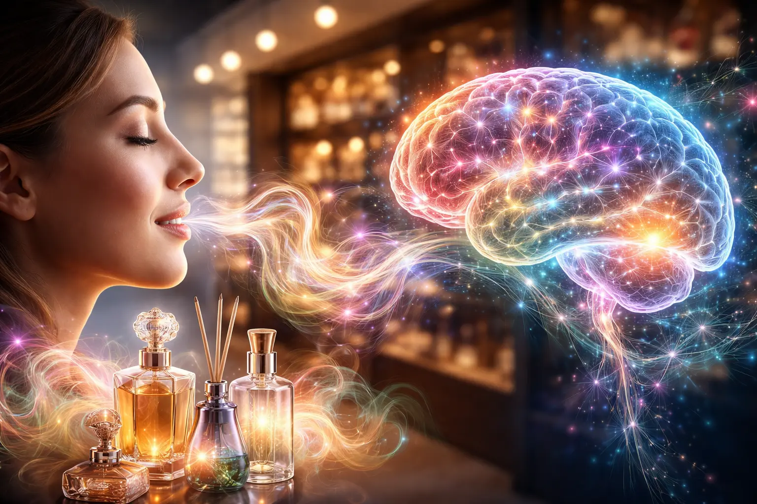 A woman experiencing fragrance while colorful scent waves connect to a glowing brain, illustrating how scent influences emotions and consumer behavior in a retail environment.
