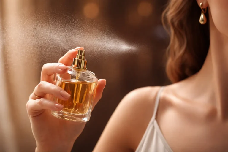 Close-up of a person spraying perfume into the air, showing fine fragrance mist dispersing to illustrate how perfume notes evolve after application from top to base notes