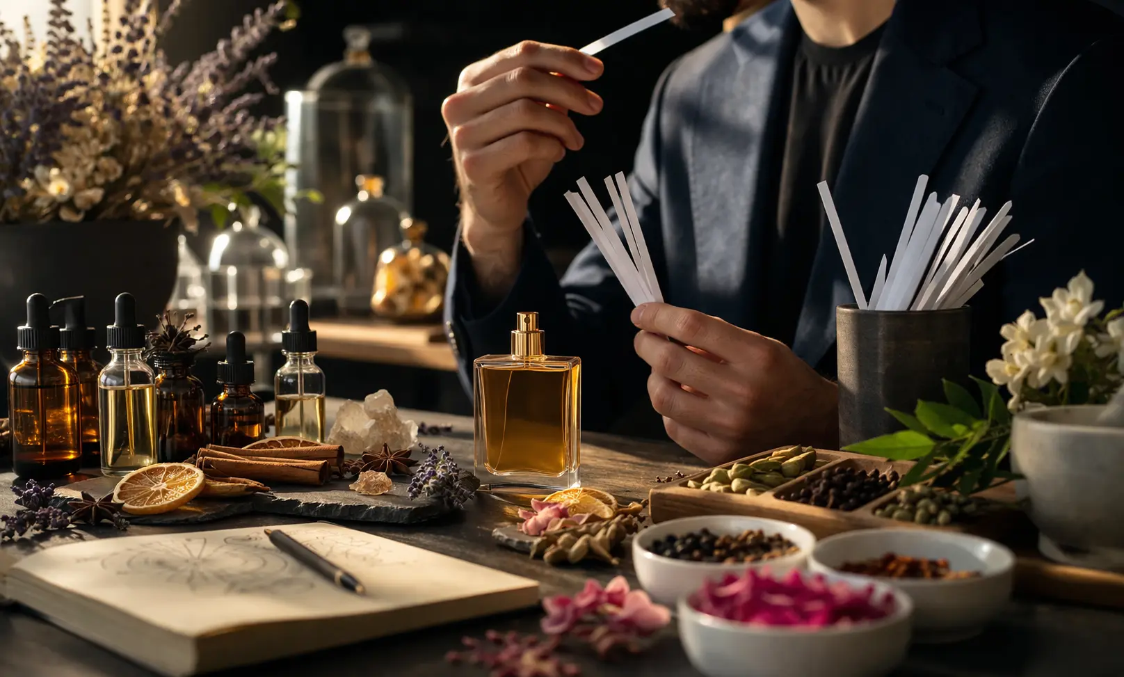 perfume scent notes with vanilla citrus coffee and spices showing how to describe fragrances professionally