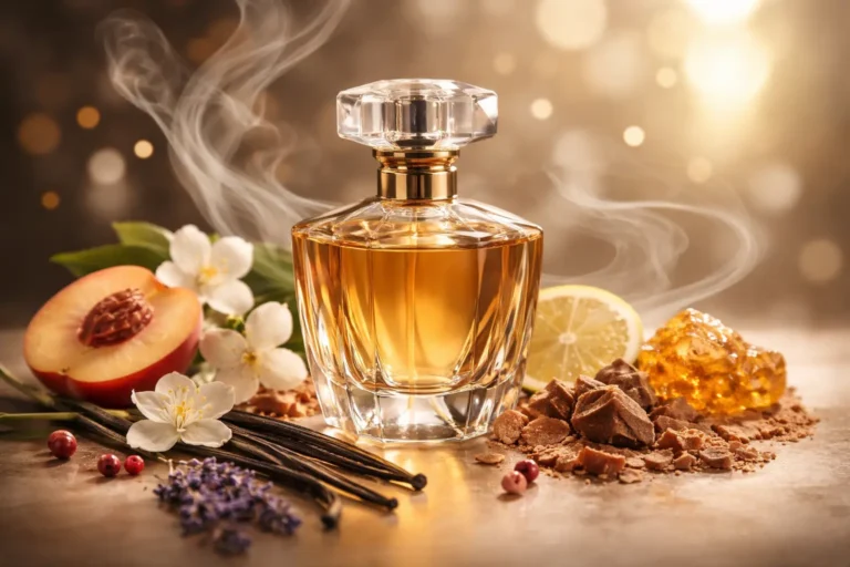 Luxury perfume bottle surrounded by layered fragrance ingredients like vanilla, citrus, and flowers representing how to tell if a perfume is high quality through complexity, smoothness, and scent structure