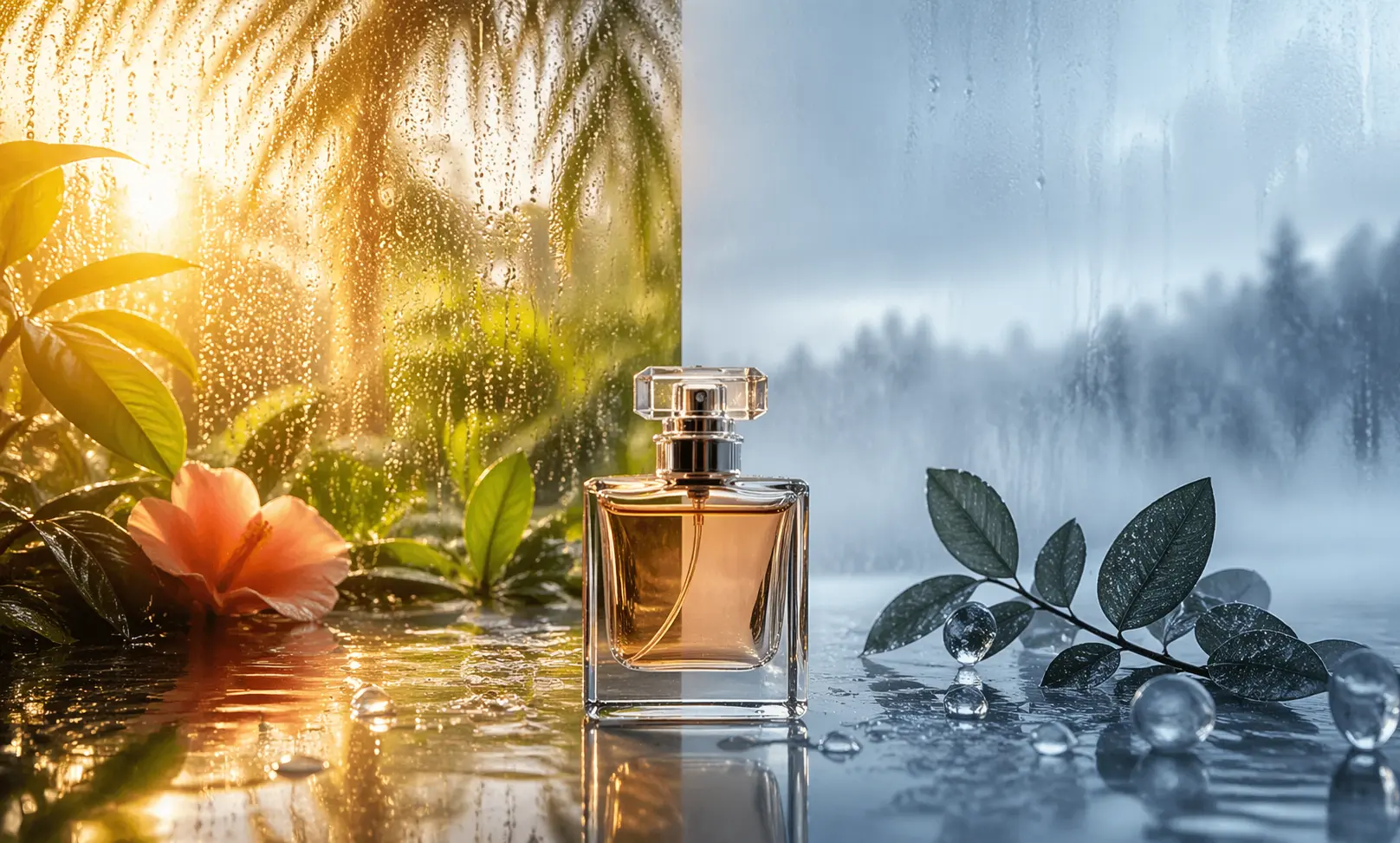 Perfume reacting to humidity with visible mist in the air showing how moisture changes fragrance diffusion and scent intensity
