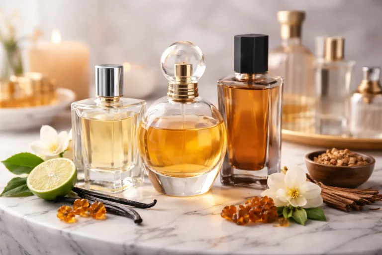 Elegant perfume bottles with citrus, vanilla, and woody elements arranged to represent professional fragrance layering and scent blending