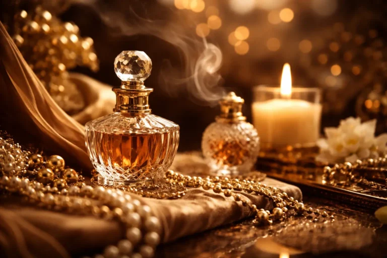 luxurious scent atmosphere with golden tones, soft lighting, elegant textures, and rich warm elements representing the feeling of high-end fragrance