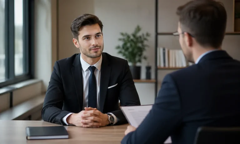 Confident well-dressed man in a job interview setting creating a clean professional first impression in a modern office