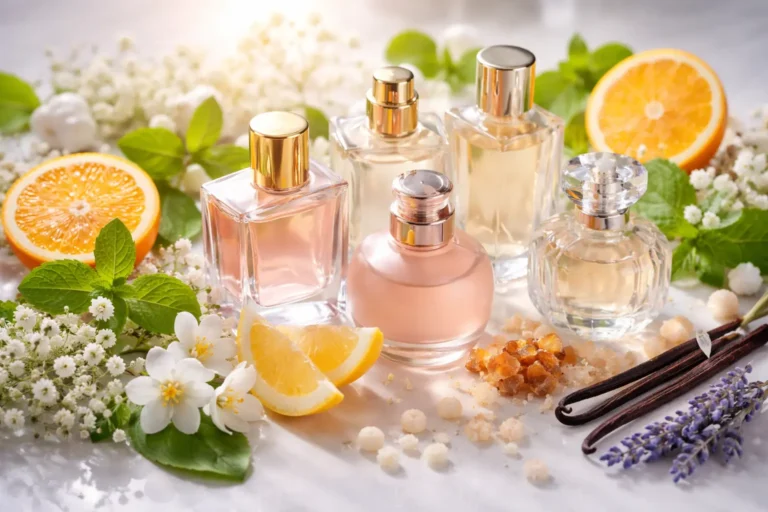 A collection of modern perfume bottles surrounded by citrus, florals, and soft ingredients representing safe and mass appealing fragrance design