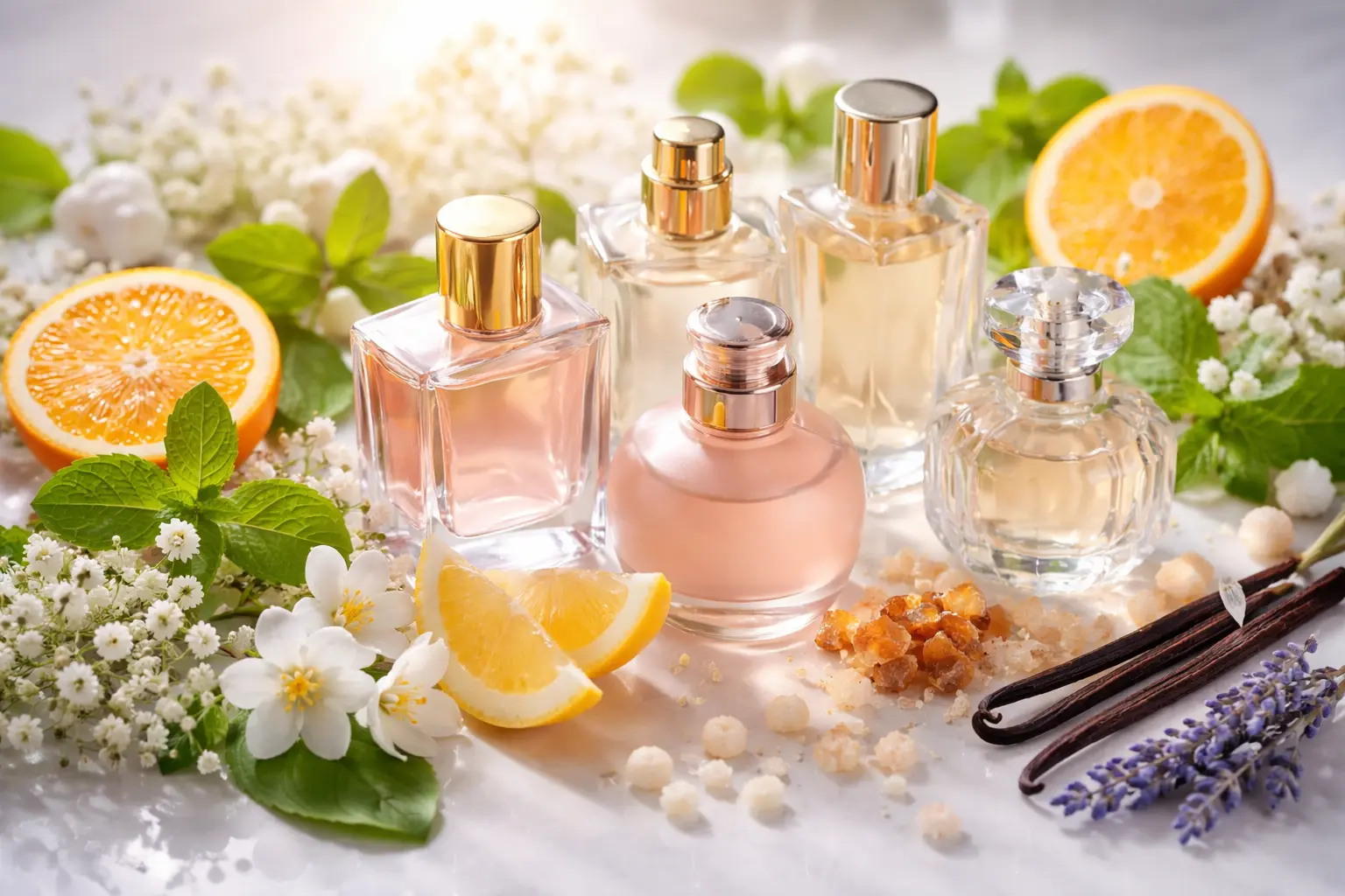 A collection of modern perfume bottles surrounded by citrus, florals, and soft ingredients representing safe and mass appealing fragrance design