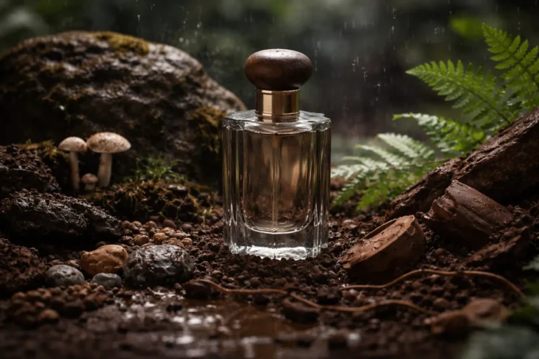 earthy fragrance concept inspired by mud notes with wet soil, rain droplets, moss, and natural elements around a minimalist perfume bottle