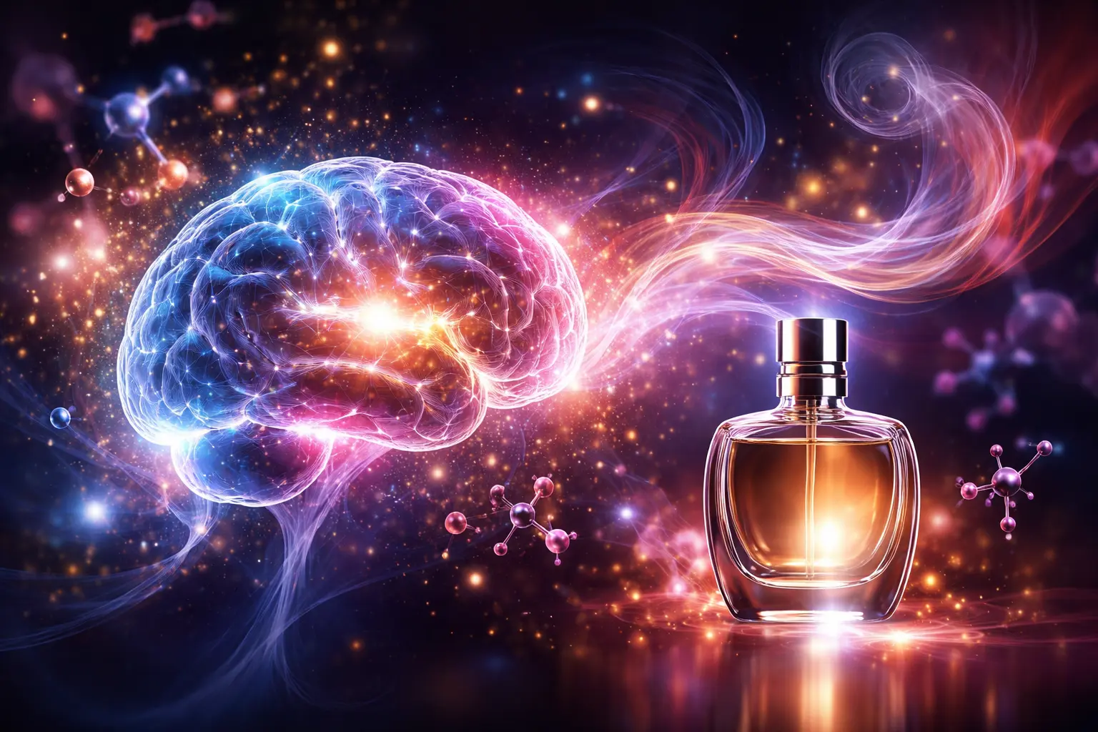 abstract representation of neuroscience and perfume industry showing brain neural activity interacting with fragrance particles and scent molecules