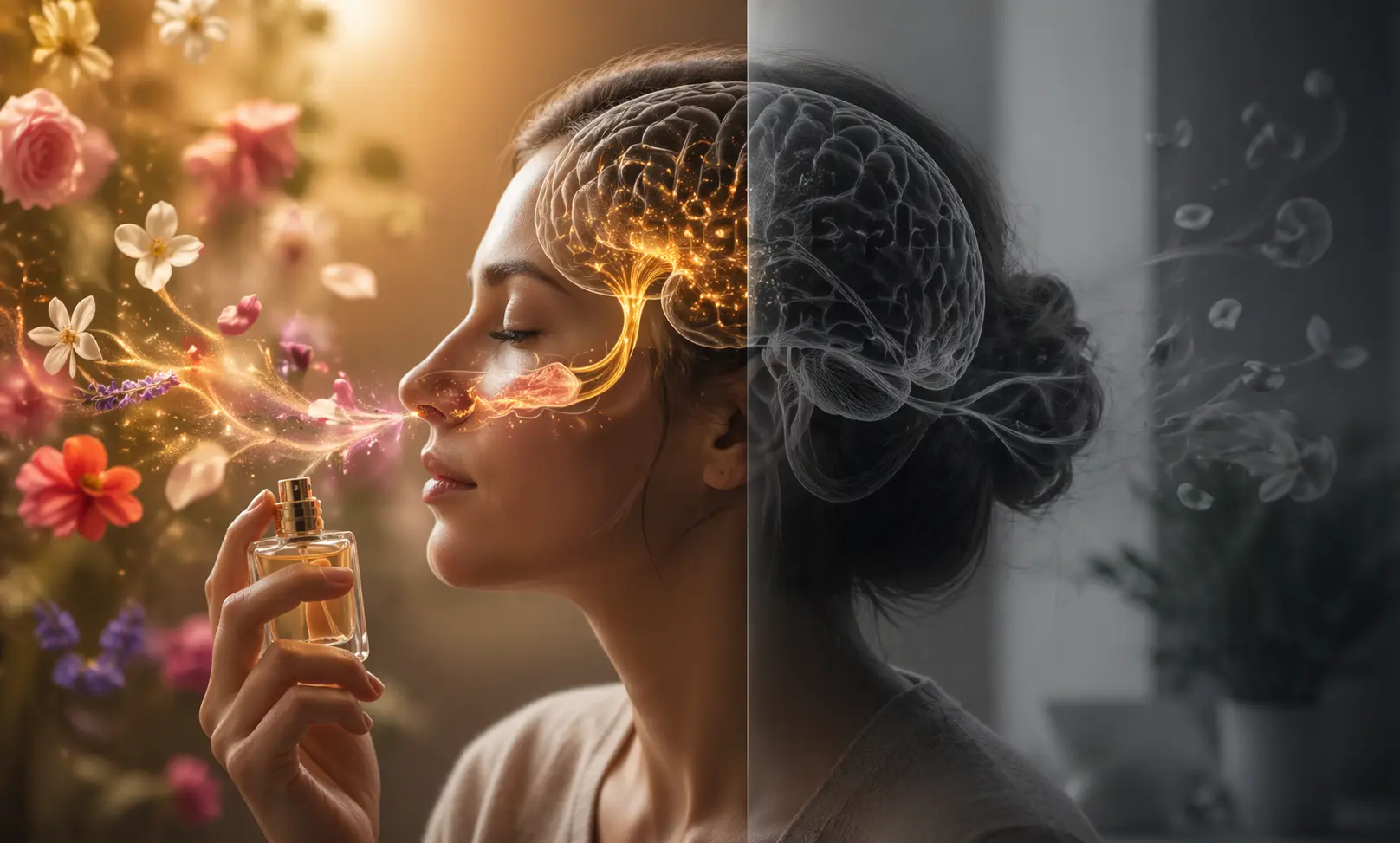 Olfactory fatigue concept showing a person unable to smell their own perfume while scent molecules remain in the air, illustrating nose blindness and smell adaptation