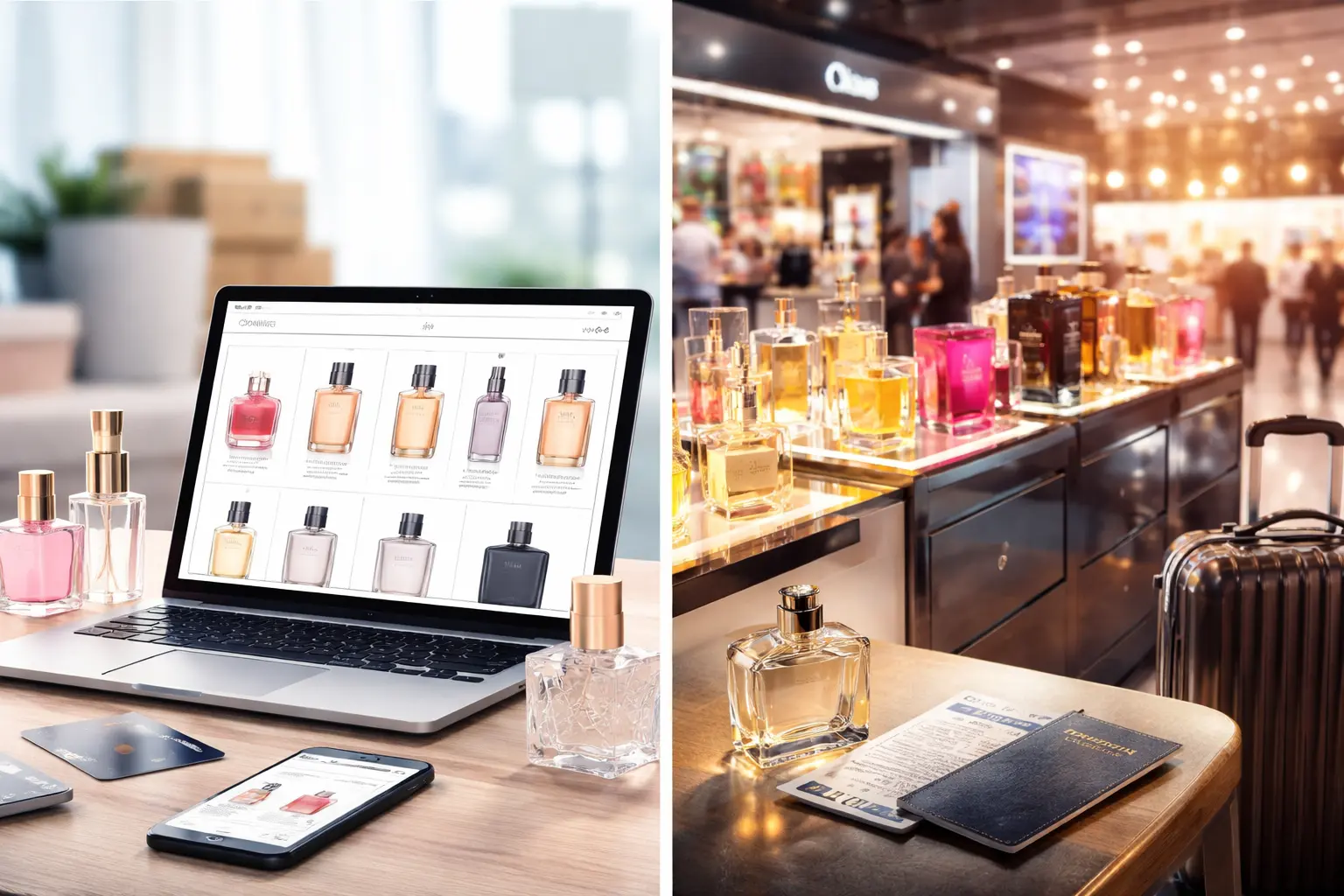 Split scene comparing online perfume shopping on a laptop with airport duty-free fragrance store displaying luxury bottles and travel items