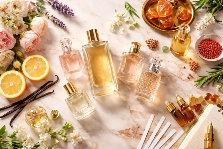 Premium flat lay of elegant perfume bottles arranged with citrus slices, vanilla pods, delicate florals, and aromatic oils, visually representing how fragrance houses craft balanced, mass-appealing scents through ingredient selection and composition.