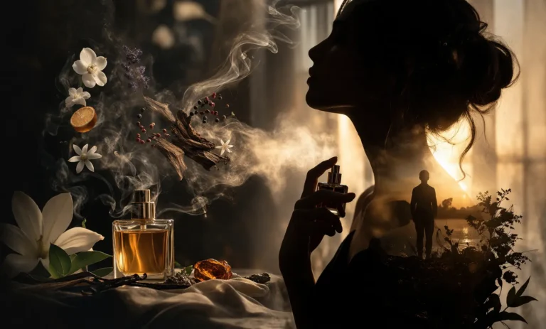 A cinematic perfume scene representing identity and personal expression with scent, featuring a silhouette surrounded by fragrance notes and emotional atmosphere