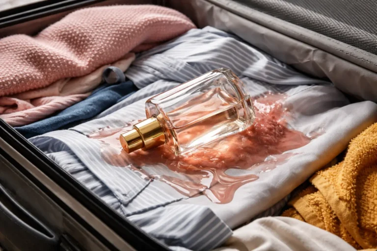 perfume bottle leaking inside suitcase during travel due to pressure and heat causing liquid spill on clothes