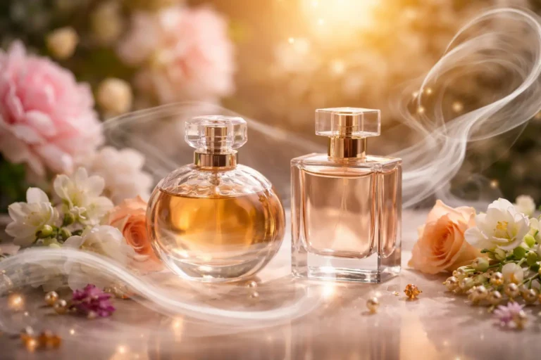 Elegant perfume bottles with a soft lingering scent trail in warm light representing long-lasting fragrance and sillage diffusion