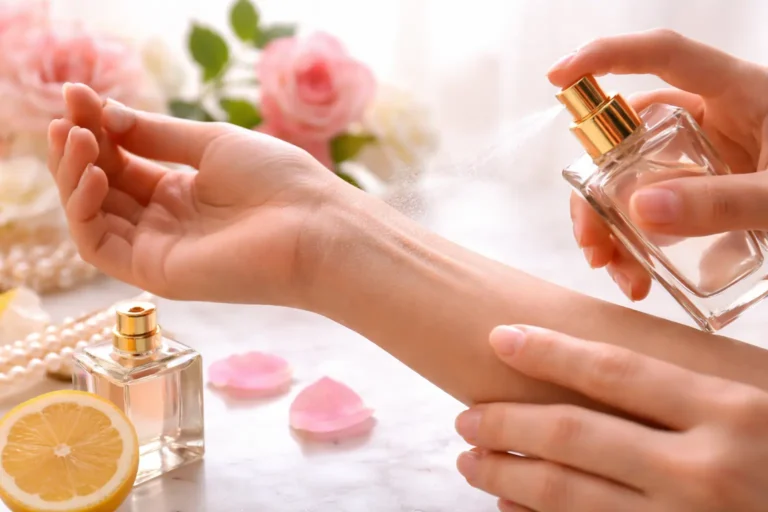 Perfume being applied on skin showing how fragrance reacts differently with body chemistry