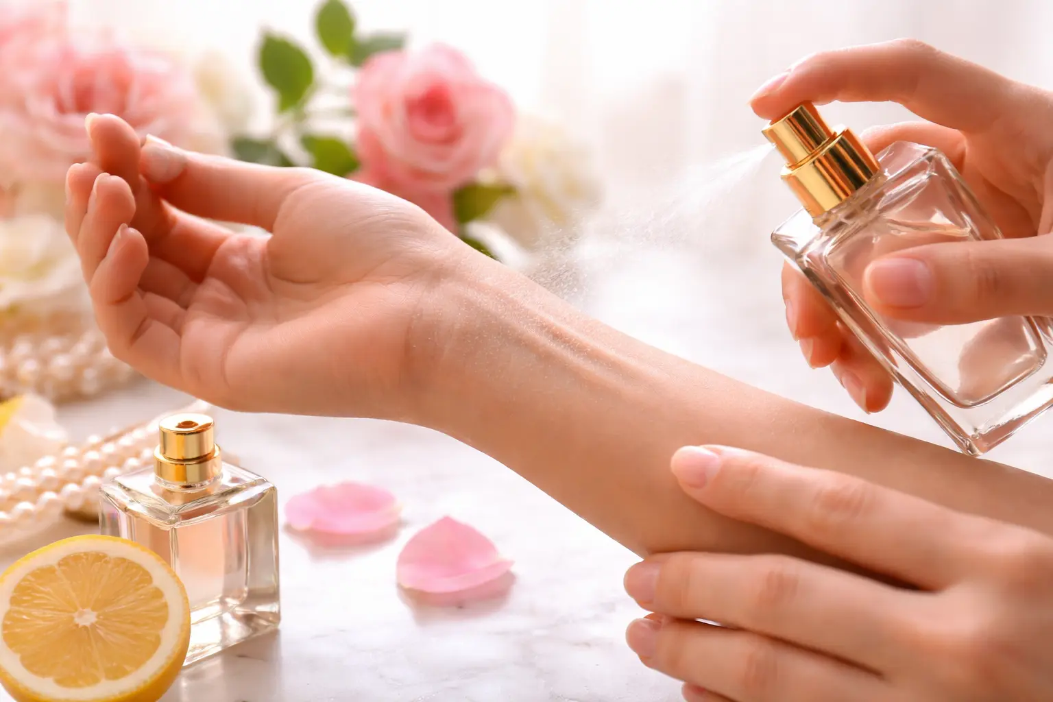 Perfume being applied on skin showing how fragrance reacts differently with body chemistry